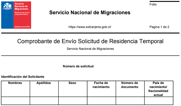 Comprobante de envio de solicitud de residencia temporal realizada dentro de chile - migraciones - immichile