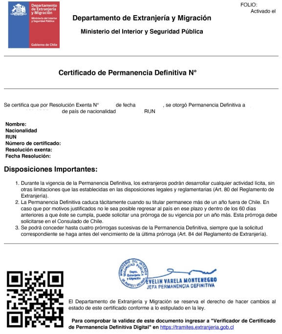 Certificado de Permanencia Definitiva PEDE Chile extranjeria immichile CEPEDE