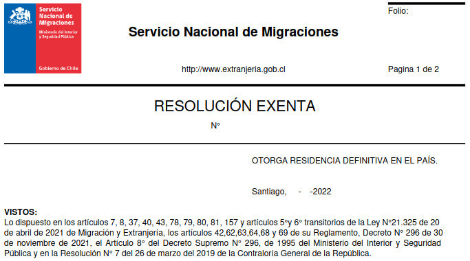 Resolucion Exenta otorga residencia definitiva chile migraciones immichile