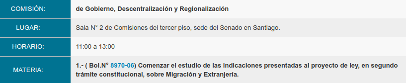 cita discusión proyecto de migración y extranjería en segundo trámite constitucional particular senado de chile