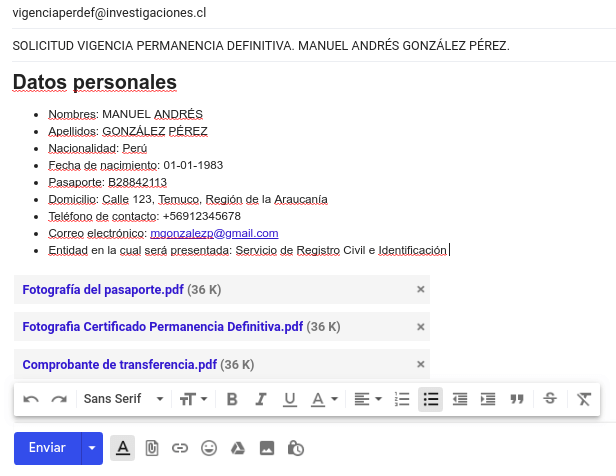 correo electronico solicitud certificado de vigencia de permanencia definitiva pdi chile immichile