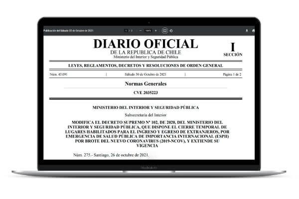 Se modifica el Decreto Supremo N 102 y se extiende su vigencia a lo menos hasta el próximo 30 de noviembre de 2021 immichile chile