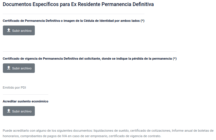 Documentos Específicos para residencia temporal Ex Residente Permanencia Definitiva chile migraciones immichile