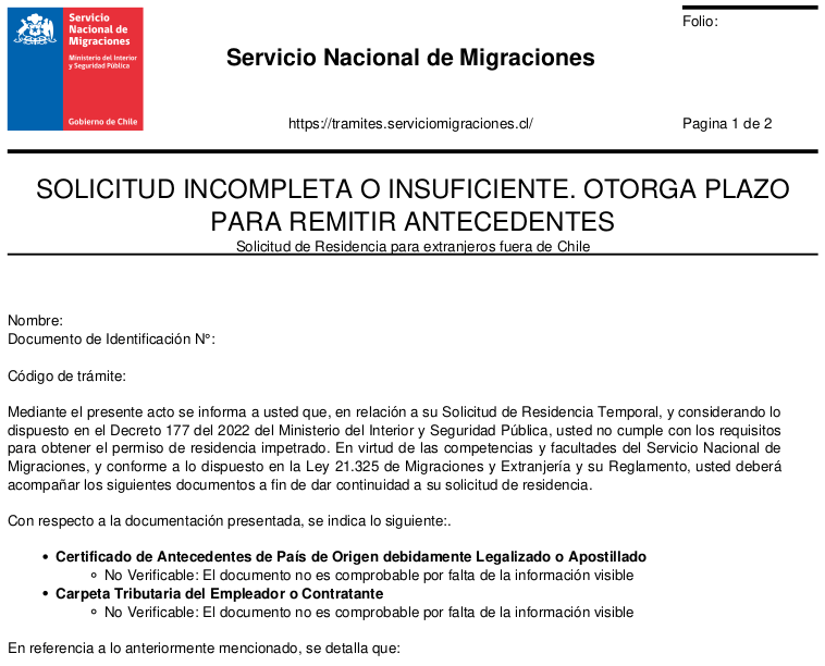 solicitud incompleta o insuficiente residencia ejemplo resolucion chile migraciones immichile