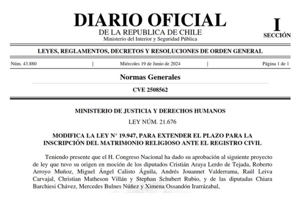 Se publica Ley que extiende el plazo para la inscripción del matrimonio religioso ante el Registro Civil a 15 días immichile