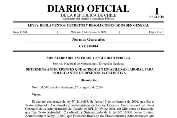 Se publica Resolución que determina antecedentes que acreditan estabilidad laboral para solicitantes de residencia definitiva migraciones immichile