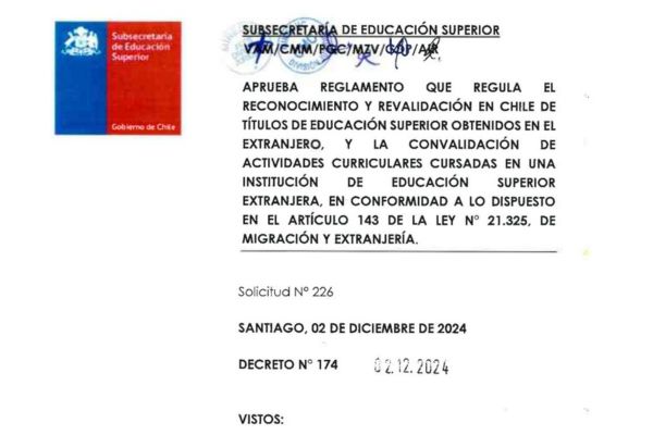 Reglamento que regula el reconocimiento y revalidación en Chile de títulos de educación superior obtenidos en el extranjero immichile